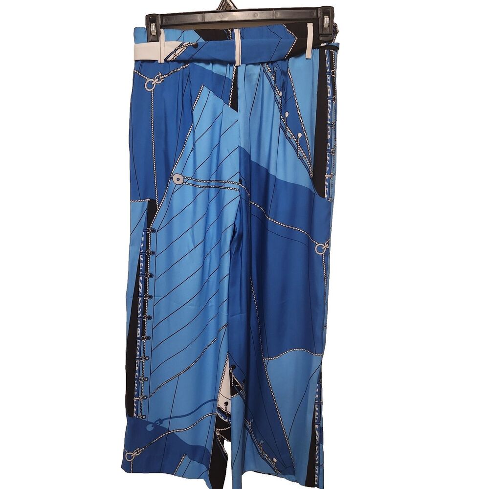 J Crew Tie Waist Pant Ratti Regatta Print Blue White Nautical Wide Leg Size 10